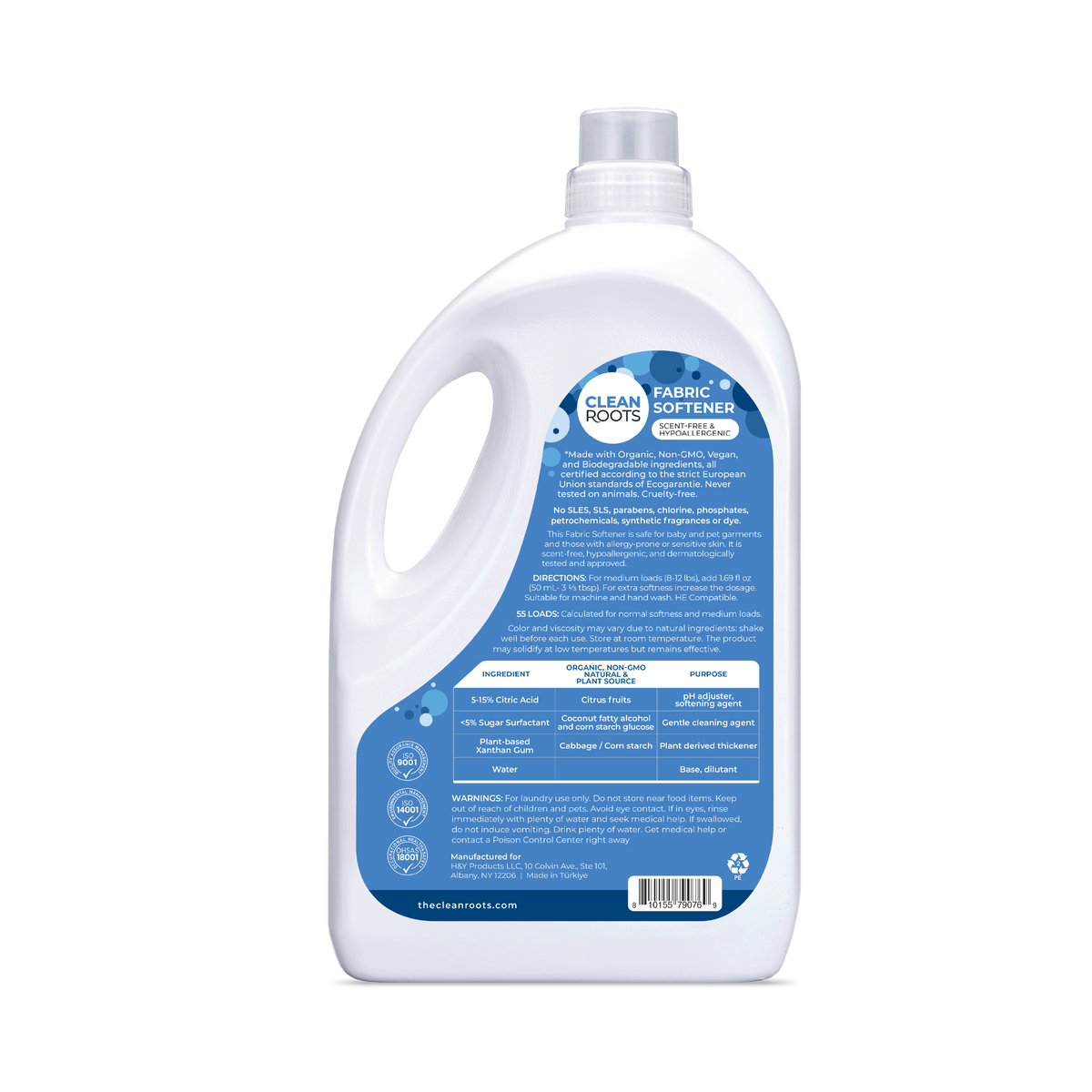 Clean Roots Scent-Free Fabric Softener 92.9 fl oz jug, back label