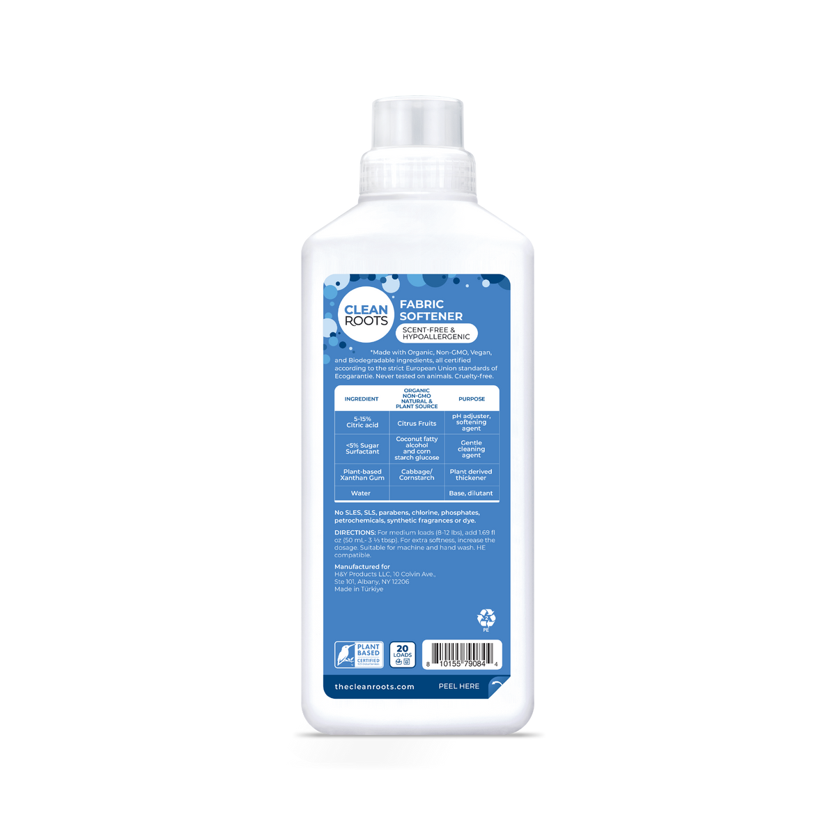 Clean Roots Scent-Free Fabric Softener bottle, back label