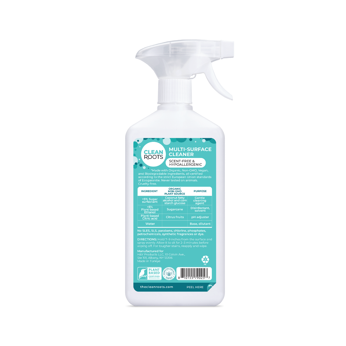 Clean Roots Scent-Free Multi-Surface Cleaner spray bottle, back label