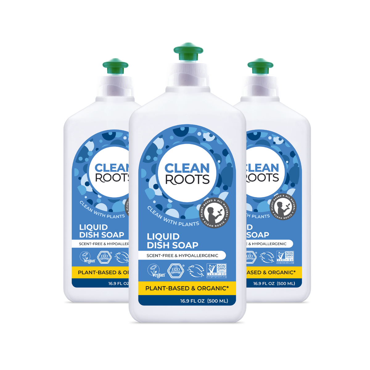 Clean Roots Scent-Free Liquid Dish Soap, pack of three 16.9 fl oz bottles