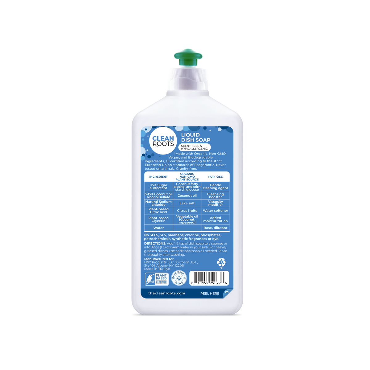 Clean Roots Scent-Free Liquid Dish Soap bottle, back label