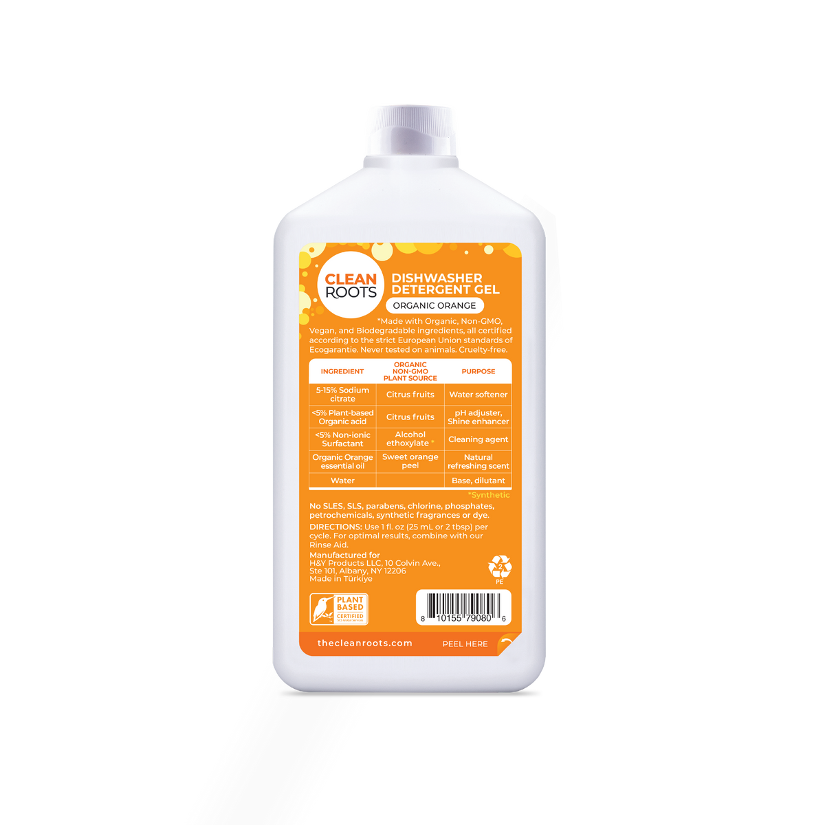 Clean Roots Organic Orange Dishwasher Detergent Gel bottle, back label