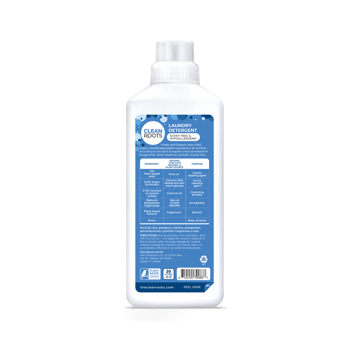 Clean Roots Scent-Free Laundry Detergent bottle, back label