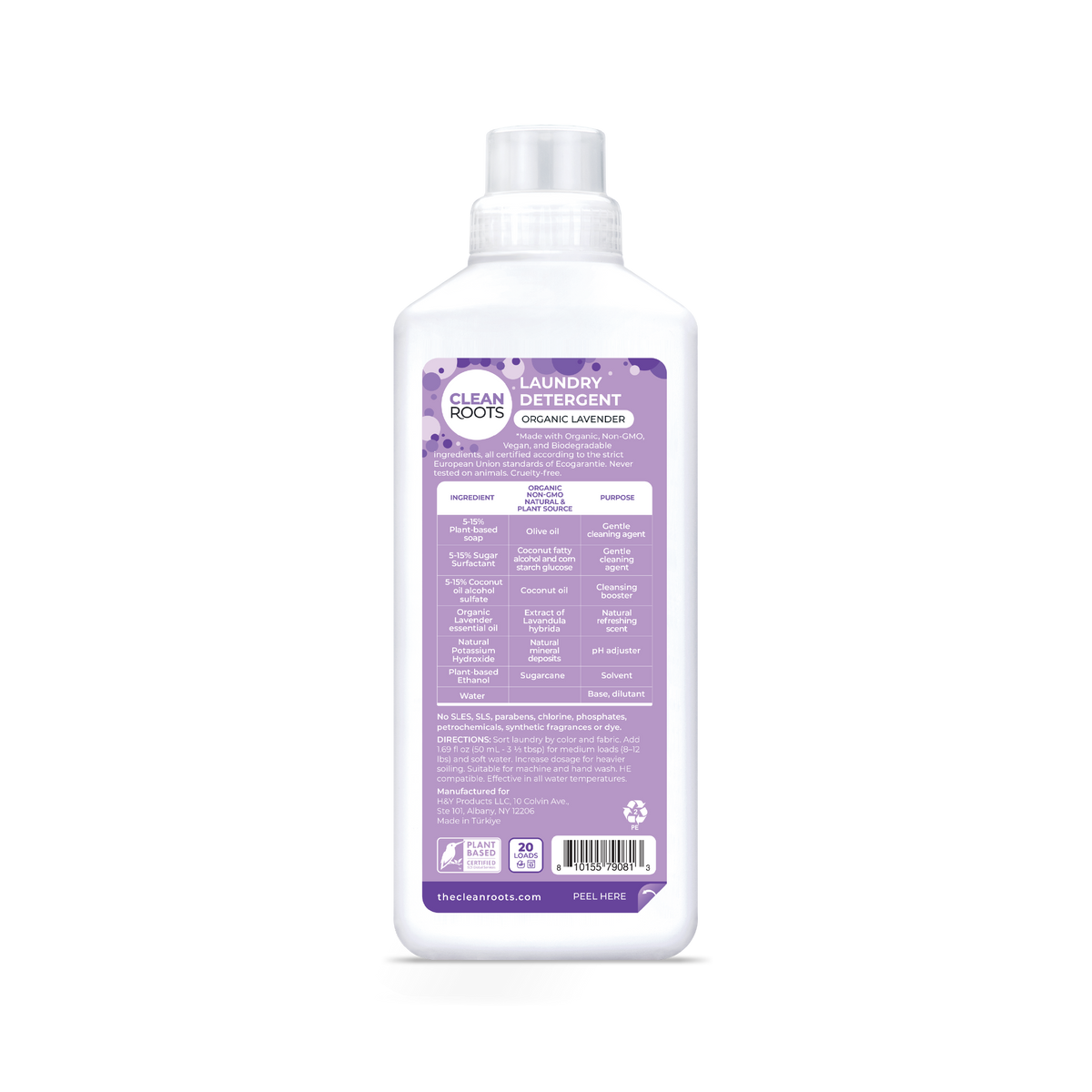 Clean Roots Organic Lavender Laundry Detergent bottle, back label